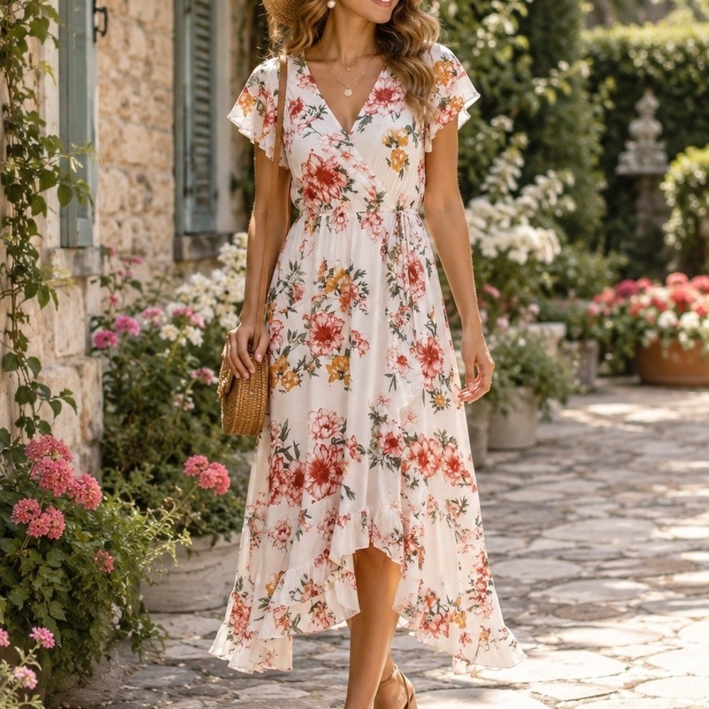 Velzera Womens Medium White Floral Rayon Flutter Sleeve Ruffle Wrap Midi Dress